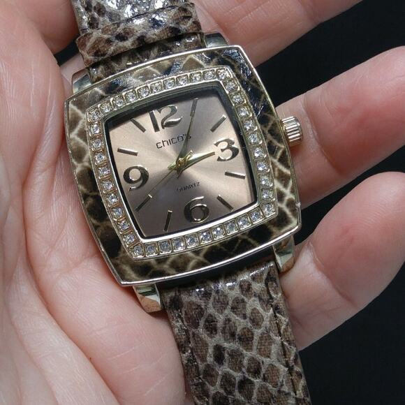 Chico's Faux Snake Skin Leather Watch, Clear Rhinestone Frame, 9 Inches - Picture 5 of 10